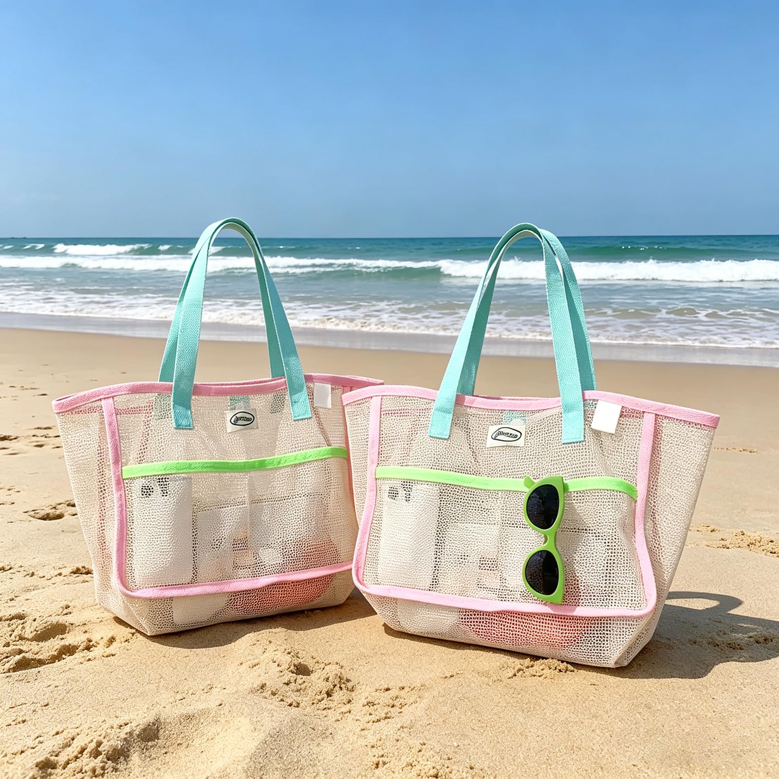 Travel Accessories Pack - 여성용 비치백, 화려한 접이식 그물망 모래