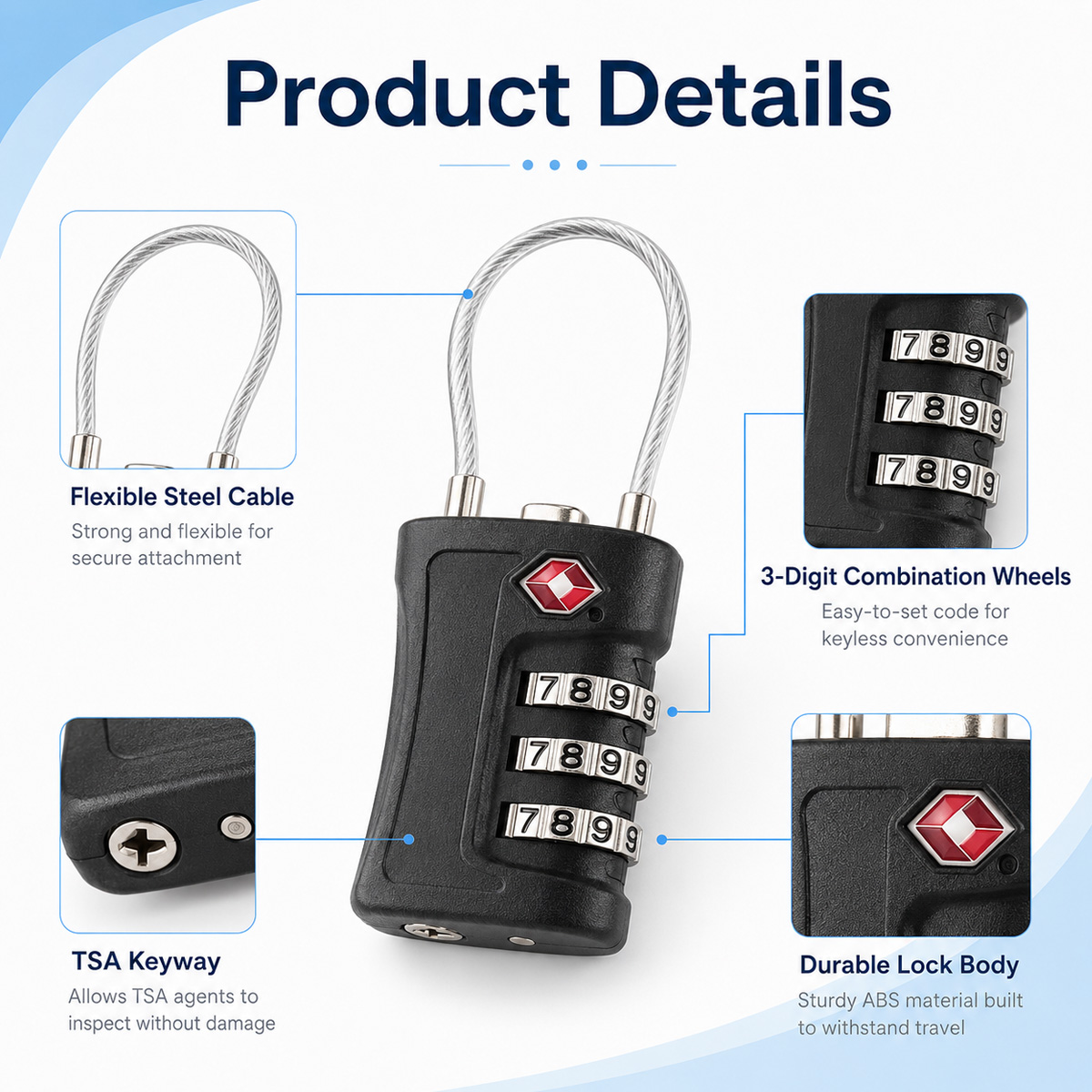 TSA 승인 수하물 잠금장치 3자리 조합 케이블 자물쇠 - Travel Lock Tsa Approved 리뷰 및 가격